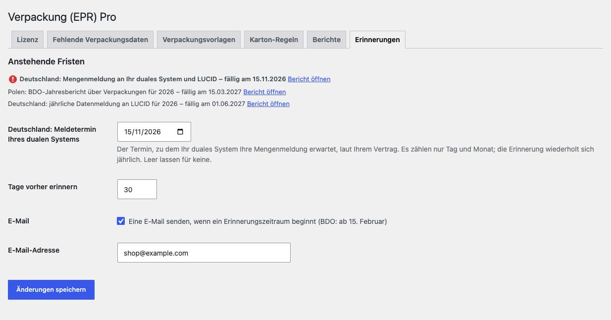 Pro: anstehende Fristen mit Erinnerung per E-Mail – nur die, die für Ihren Shop gelten.