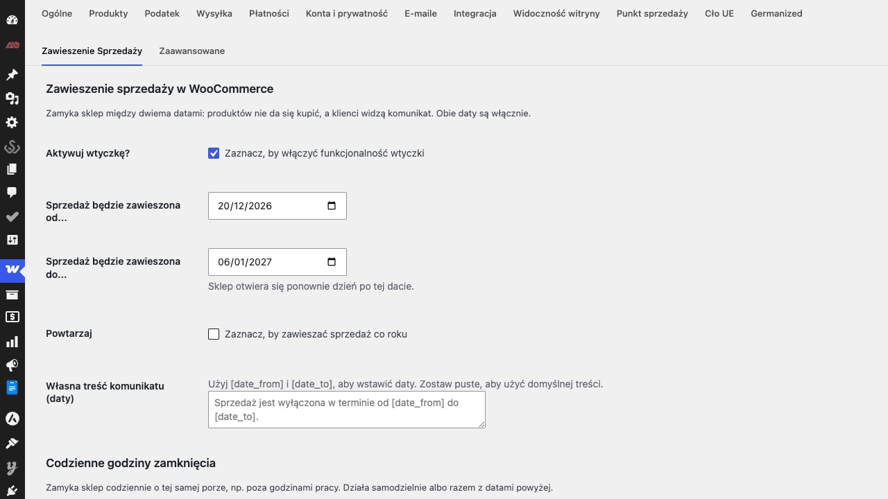 Ustawienia w WooCommerce → Ustawienia → Wyłączanie sprzedaży.
