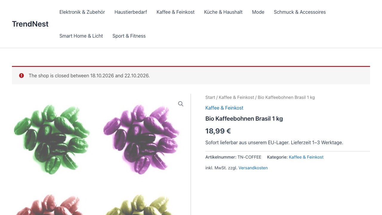 Strona produktu w czasie zamknięcia: brak przycisku koszyka, komunikat z datami.